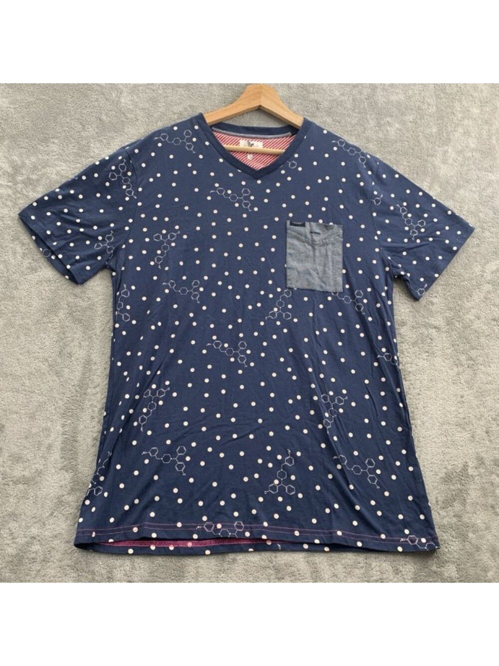 Marc Ecko Cut & Sew V-Neck T-Shirt Mens Large Blue Polka Dot Pocket Tee Preppy